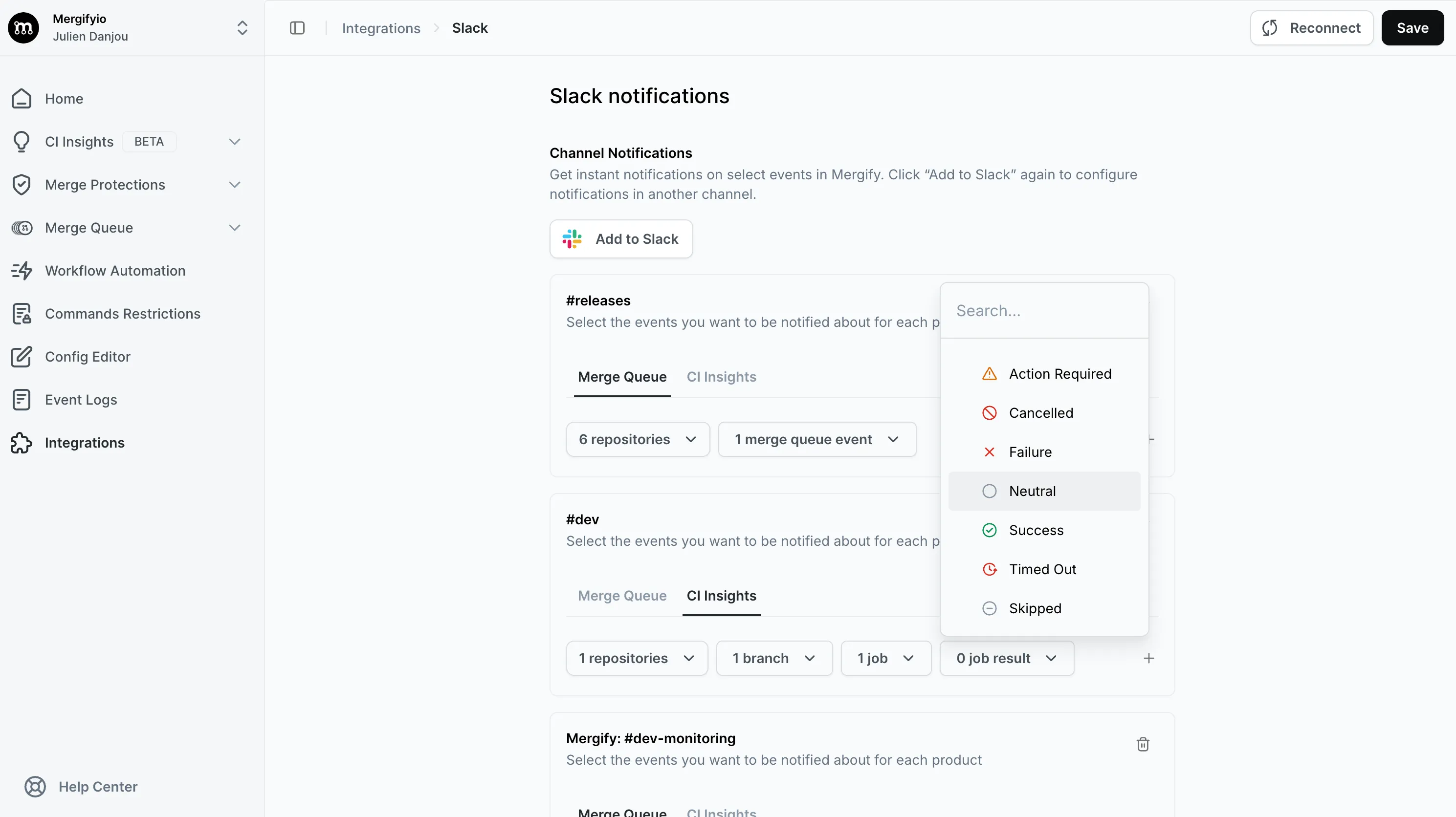 Slack integration with CI Insights